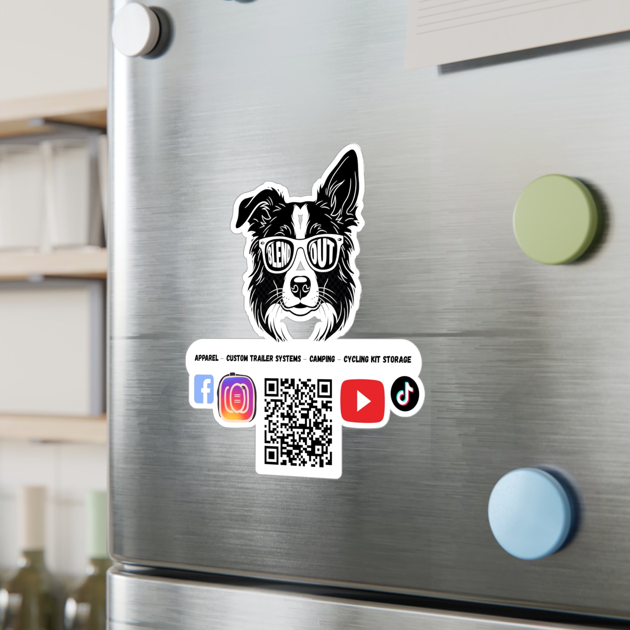Border Collie Kiss-Cut Vinyl Decal — "Glen Out" Sunglasses Logo Sticker with Social QR