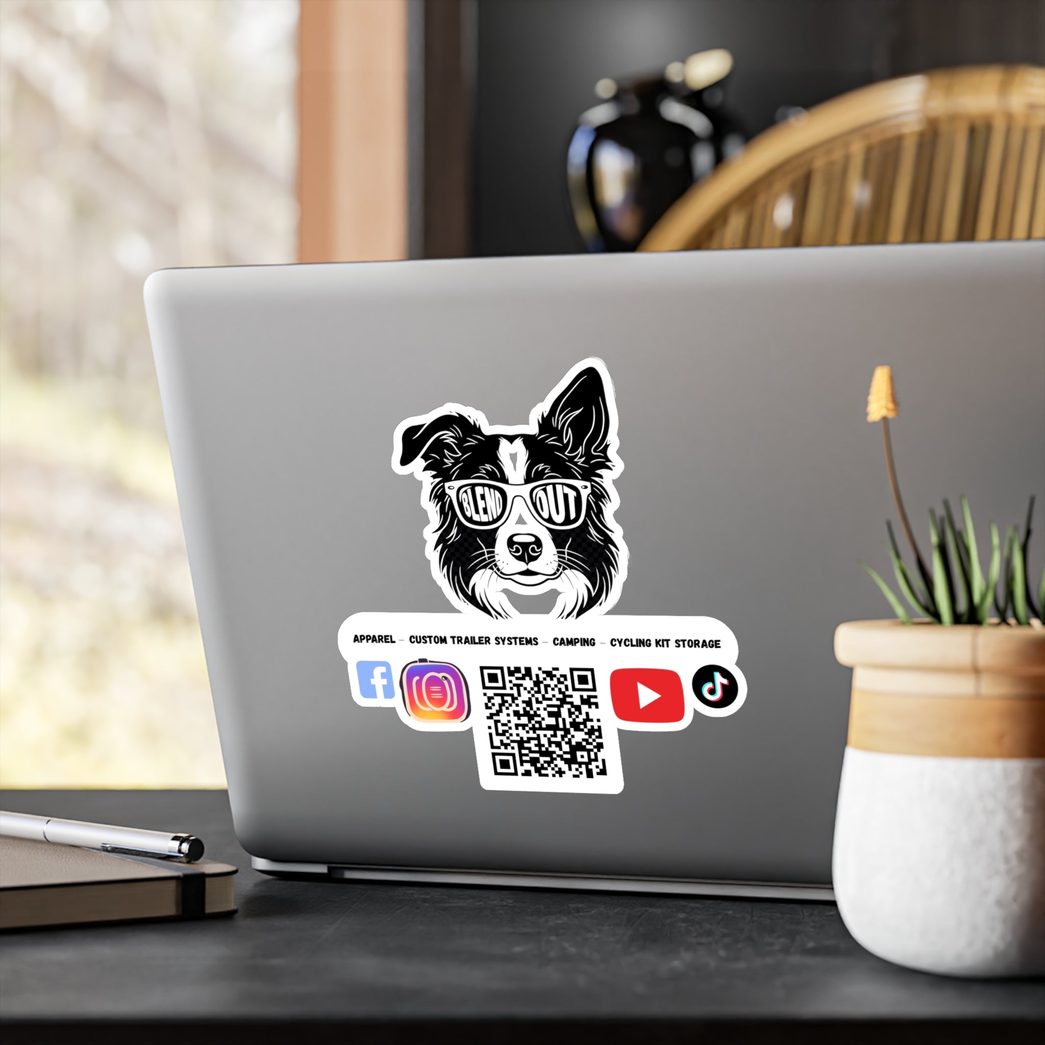 Border Collie Kiss-Cut Vinyl Decal — "Glen Out" Sunglasses Logo Sticker with Social QR