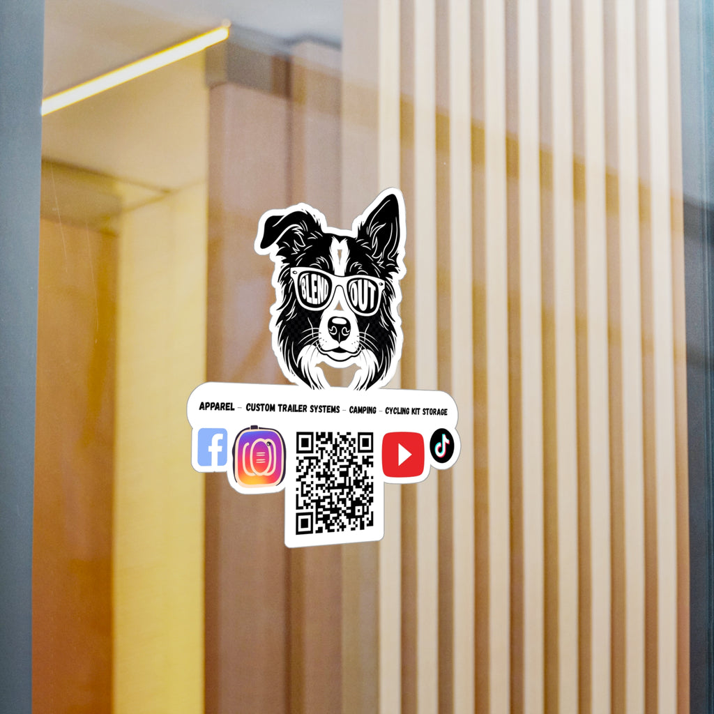 Border Collie Kiss-Cut Vinyl Decal — "Glen Out" Sunglasses Logo Sticker with Social QR