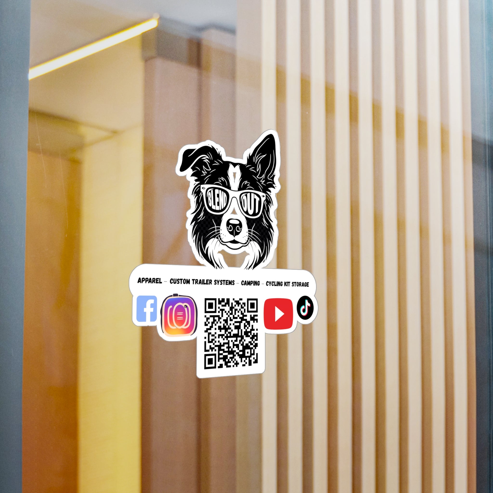 Border Collie Kiss-Cut Vinyl Decal — "Glen Out" Sunglasses Logo Sticker with Social QR