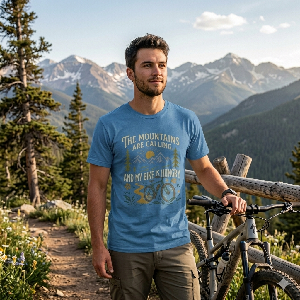 Mountain Bike T-Shirt — "The Mountains Are Calling and My Bike Is Hungry" Adventure Tee