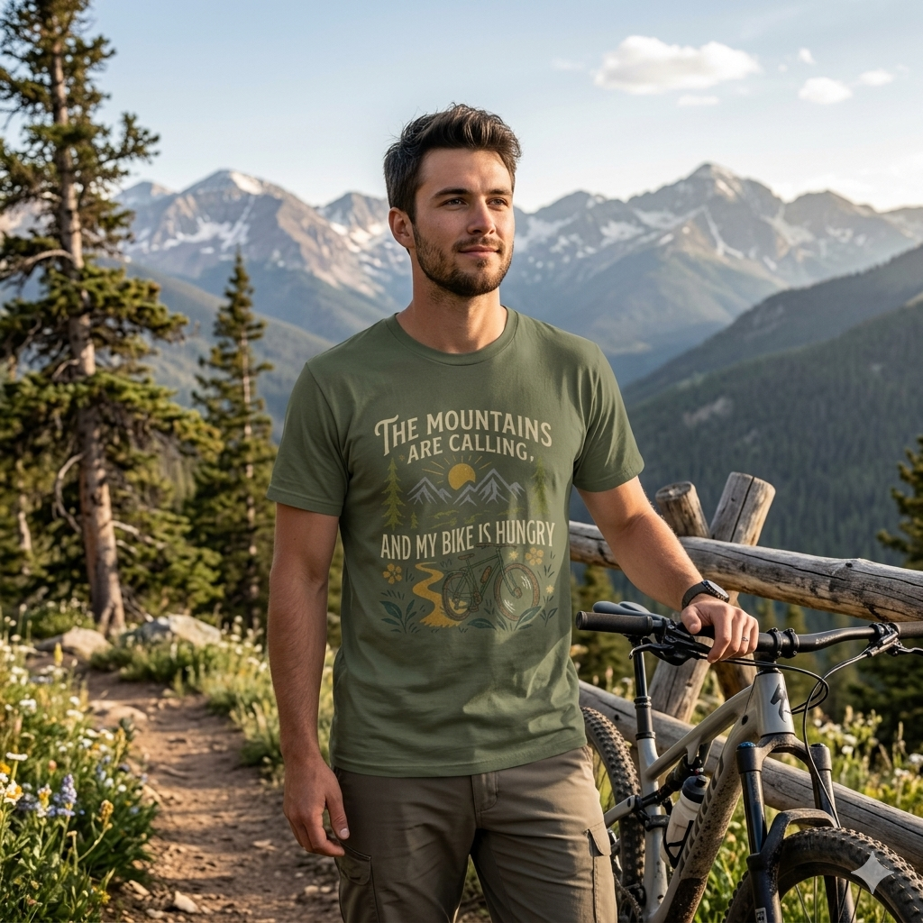 Mountain Bike T-Shirt — "The Mountains Are Calling and My Bike Is Hungry" Adventure Tee